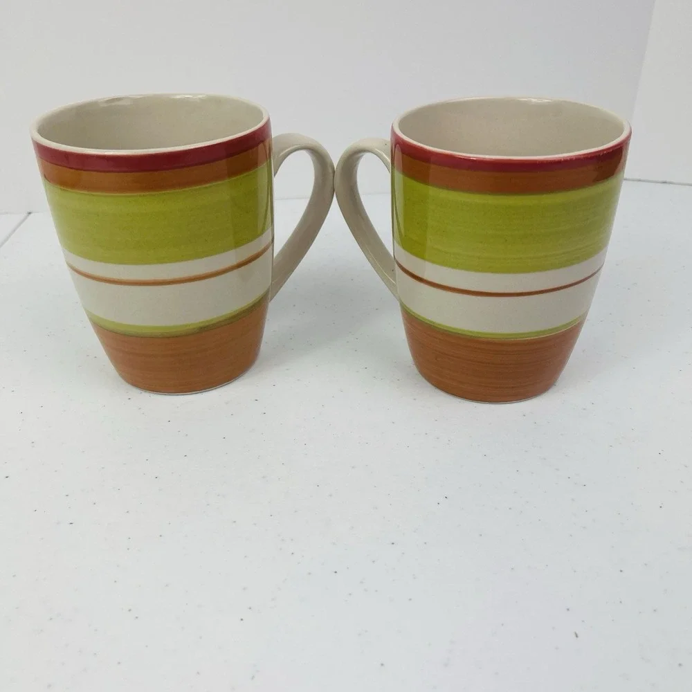 Pier 1 Valencia Stoneware Orange Red Rust Green Striped Mugs‎ Hand Painted Set 2